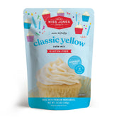 Miss Jones Baking gluten-free yellow cake mix front view, premium ingredients highlighted.