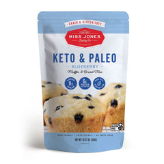 Miss Jones Baking Keto Blueberry Muffin Mix package highlights gluten-free, low-carb goodness