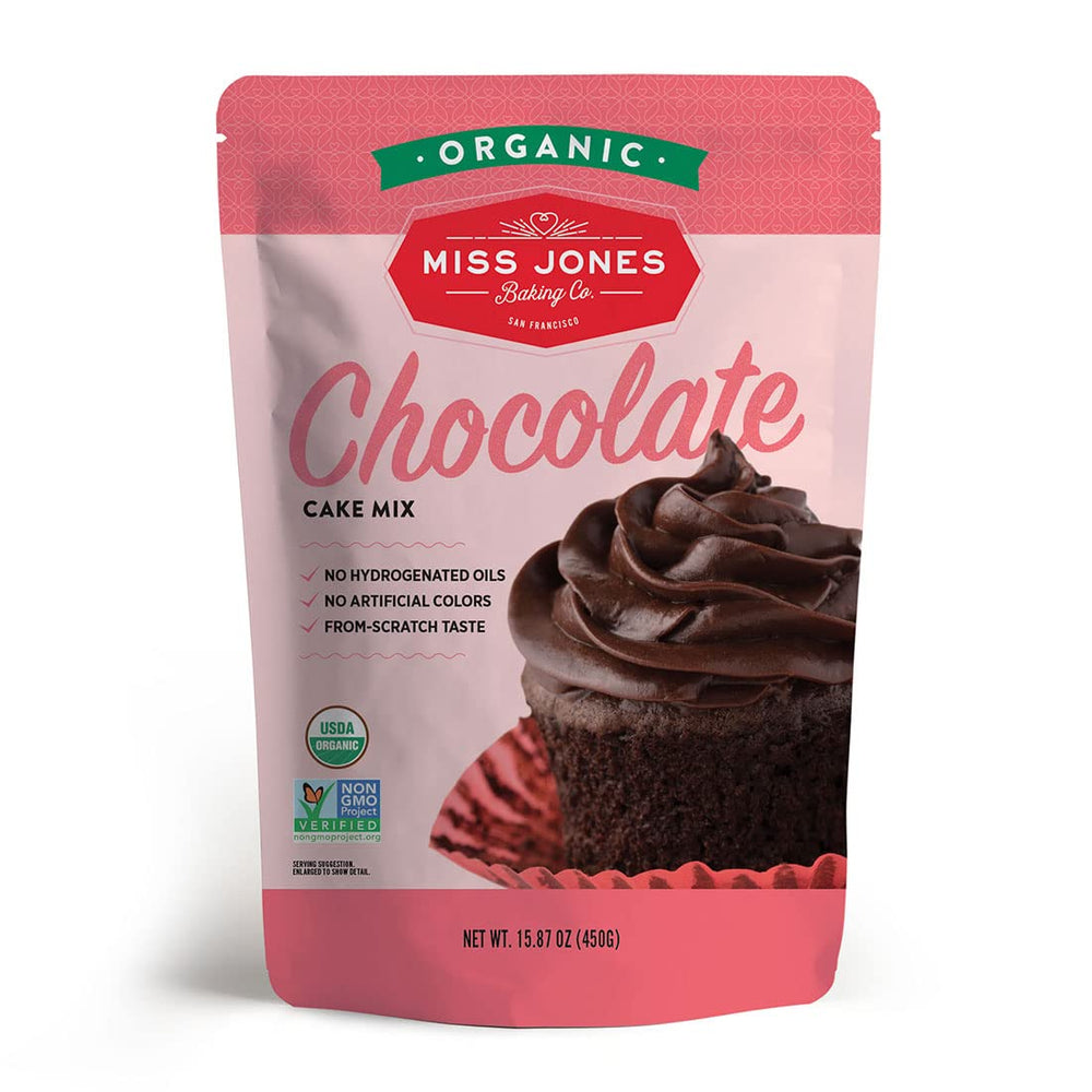Miss Jones Baking Organic Chocolate Cake Mix package on counter, ready to bake