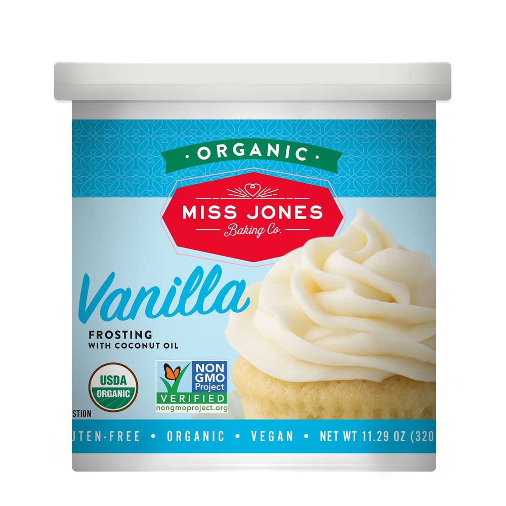 Miss Jones Baking Organic Vanilla Buttercream Frosting packaging shows vegan label and clean ingredients.