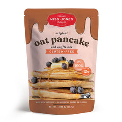 Miss Jones Baking Original Oat Pancake Mix packaging highlights gluten-free oats for a wholesome breakfast