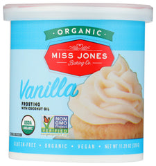 Miss Jones Baking vanilla buttercream frosting jar, creamy texture for cake decorating.