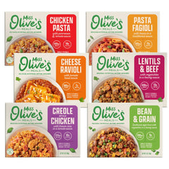 Miss Olive's Chicken Pasta in a microwave-ready tray for quick weeknight meals.