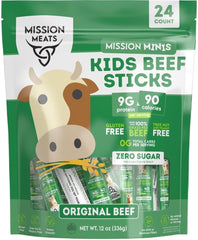 Mission Meats Kids Beef Sticks 24-pack packaging closeup for grab-and-go snacks