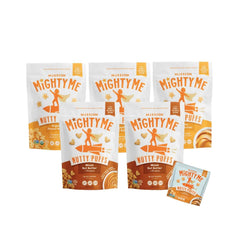 Mission Mighty Me Nutty Puffs packaging highlights a gluten-free, plant-based snack for babies and kids.