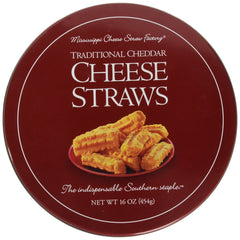 Mississippi Cheese Straw Factory traditional cheddar cheese straws gift tin front view premium snack for entertaining.