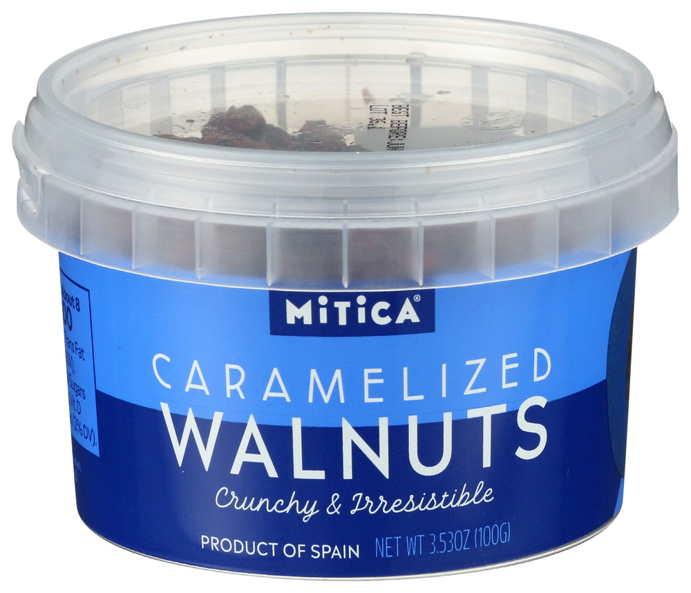 Mitica caramelized walnuts 3oz pack showing premium glossy coating for snacking.
