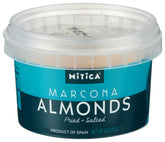 Mitica Marcona almonds in a tub, ready for snacking and sharing.