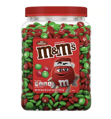 M&M's Christmas Edition jar with red-green lid, ideal for festive sharing.