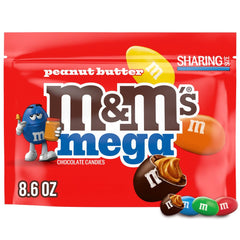 M&M's Mega Peanut Butter bag close-up for sharing and tasting.