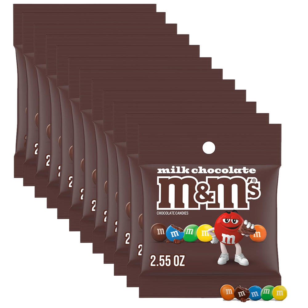 M&M'S milk chocolate candy peg bag close-up of colorful shells, great for on-the-go snacking.