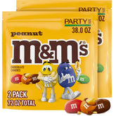 M&M'S Peanut Milk Chocolate candy bags on a party table, colorful shells inviting guests to share.