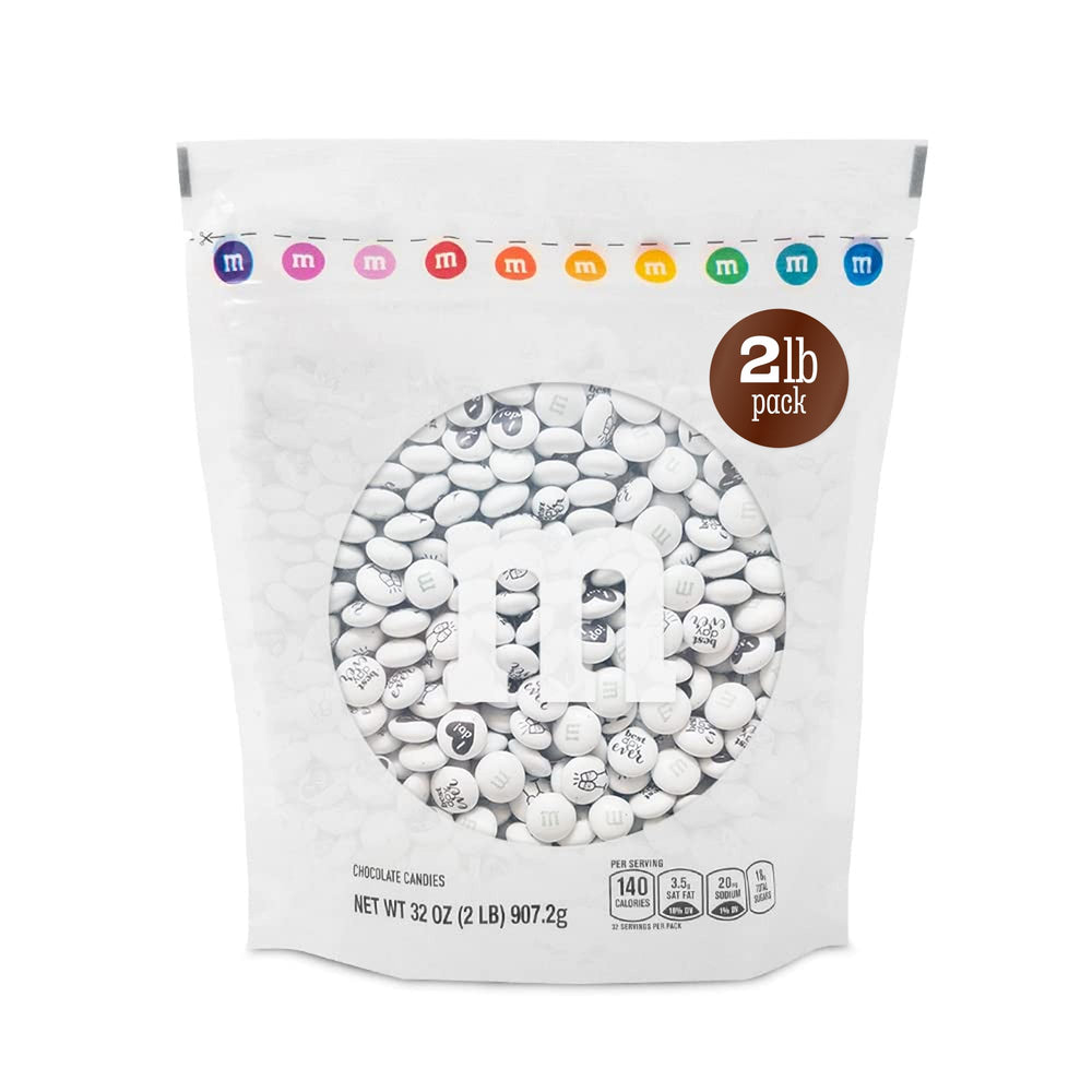 M&M'S WORLD wedding candy pack featuring white graphics for elegant wedding favors