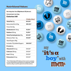 M&M’s World white and blue M&Ms with baby-themed prints for events.