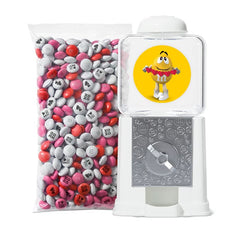 M&M'S WORLD heart-designed candies bag featuring red, white, pink hearts for celebrations.