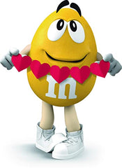 M&M'S WORLD yellow character dispensing mechanism with hearts, easy to share on special occasions.