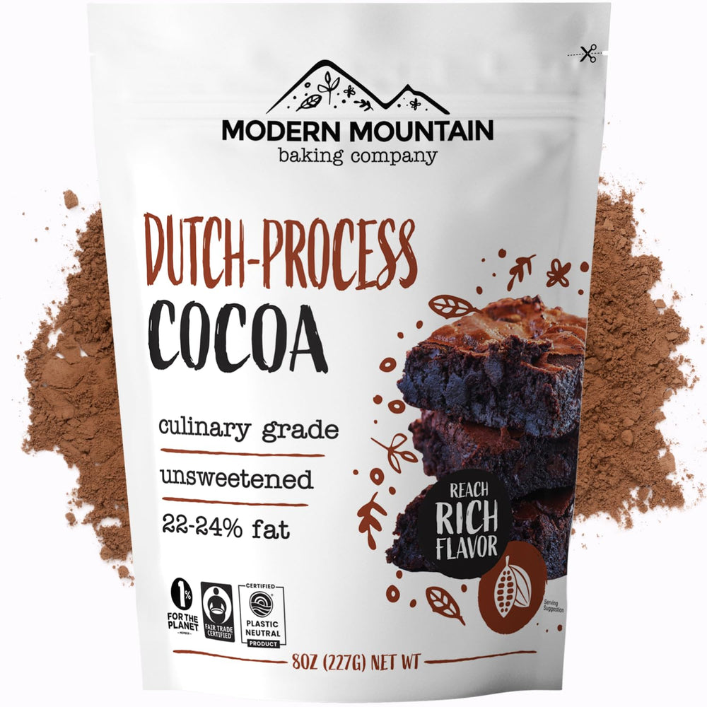 MODERN MOUNTAIN Cocoa Powder bag closeup highlighting premium Dutch-processed flavor for baking.