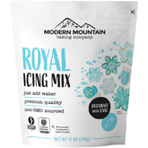MODERN MOUNTAIN Royal Icing Mix 12oz packaging demonstrates quick, mess-free prep for cookies.