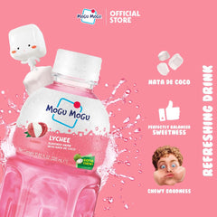 Mogu Mogu 6-pack lychee juice display for easy sharing and lunchbox snacking.