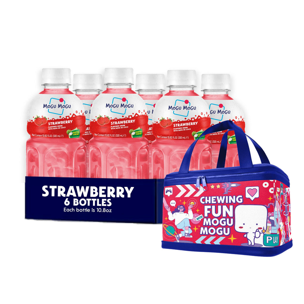 Mogu Mogu strawberry juice bottle with nata de coco for a chewy, refreshing snack.