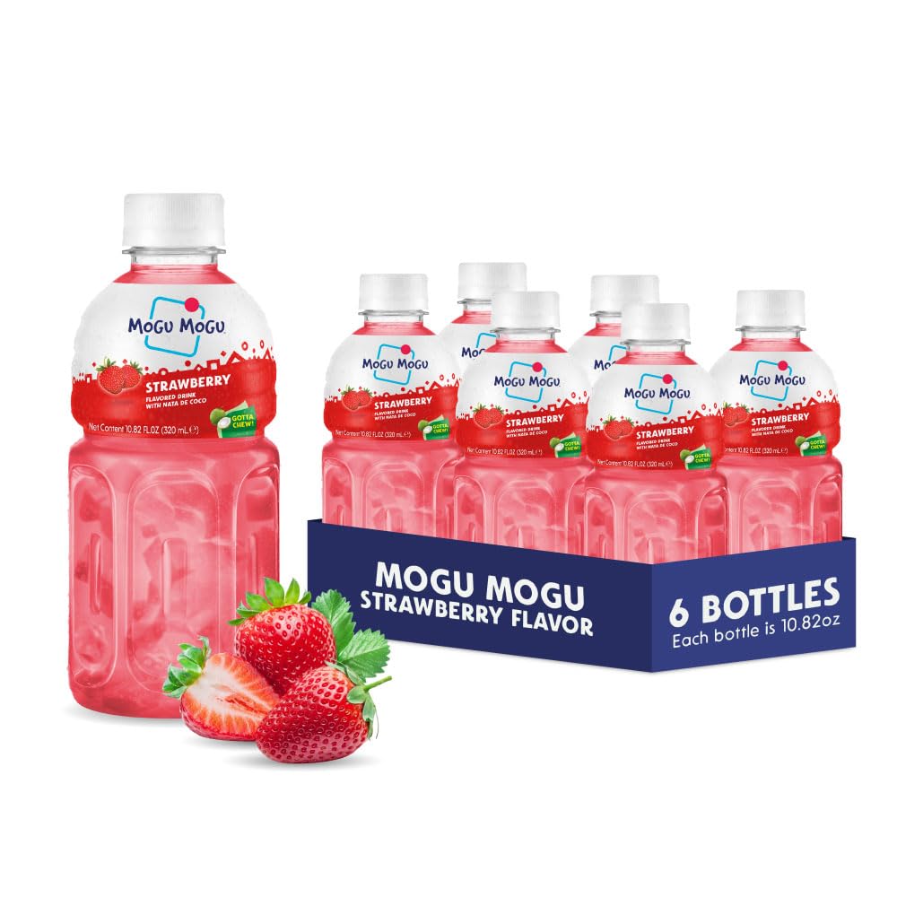 Mogu Mogu strawberry juice bottle with nata de coco—chewy snack on the go.
