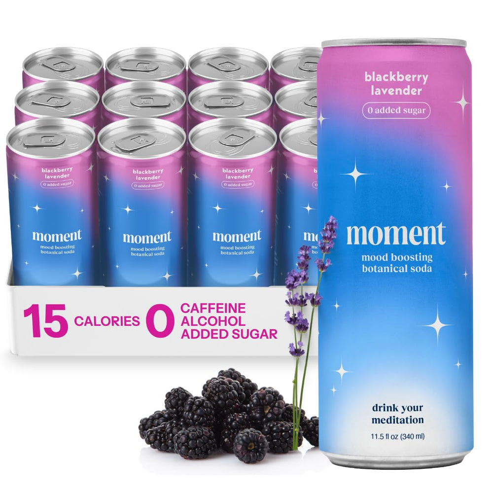Moment Botanical Soda bottle on counter; zero added sugar for mindful sipping.