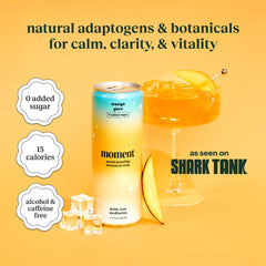 Moment Botanical Soda Mango Glow being poured into a glass for refreshment.