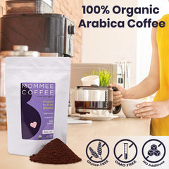 Mommee Coffee Organic Arabica Beans highlighting 100% organic, non-GMO beans.