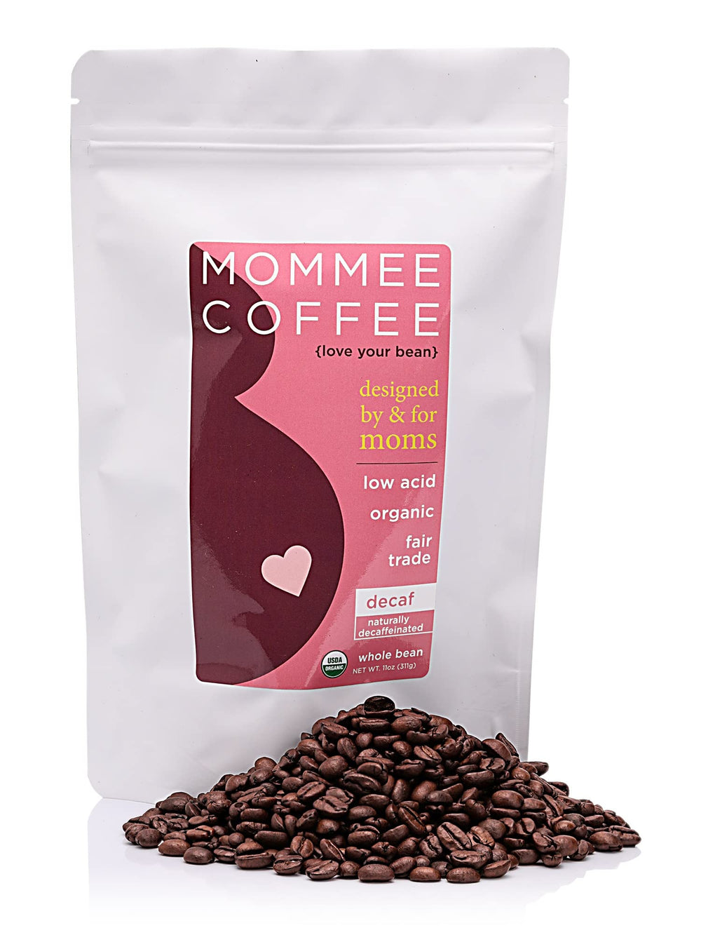 Mommee Coffee Decaf whole-bean pack with resealable freshness.