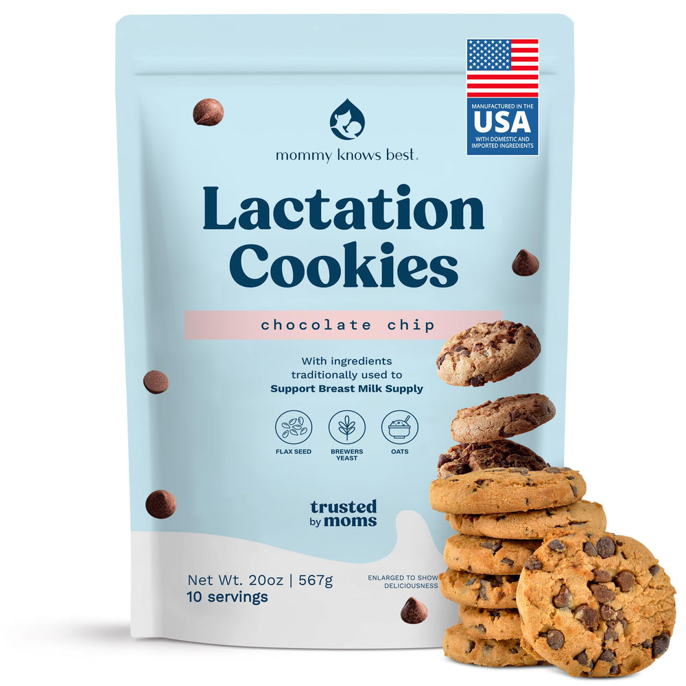 Mommy Knows Best lactation cookies chocolate chip packaging shows a convenient, tasty snack.