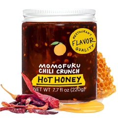 Momofuku Hot Honey Chili Crunch jar close-up showing glossy chili honey for bold flavor