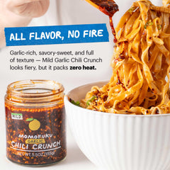 Momofuku Mild Garlic Chili Crunch shallots closeup, crispy aromatics deliver savory crunch.
