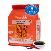 Momofuku Spicy Soy Ramen four-serving pack with air-dried noodles for restaurant-quality meals.