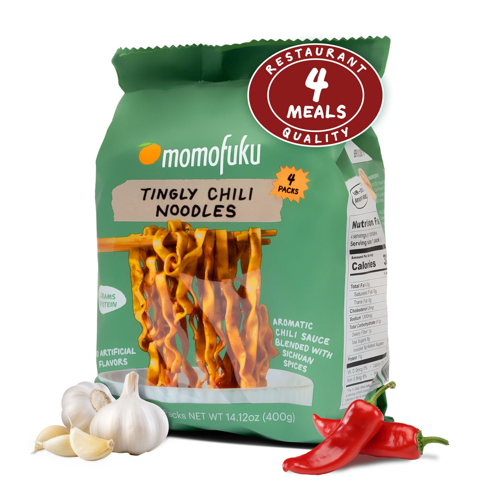 Momofuku Tingly Chili Noodles box with 4-pack highlights restaurant-quality convenience.
