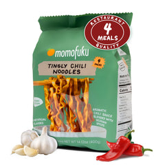 Momofuku Tingly Chili Noodles box with 4-pack highlights restaurant-quality convenience.
