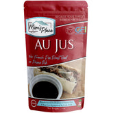 Mom's Place Gluten-Free Au Jus Mix packaging on a kitchen counter, allergen-conscious cooking.