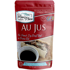 Mom's Place Gluten-Free Au Jus Mix packaging on a kitchen counter, allergen-conscious cooking.