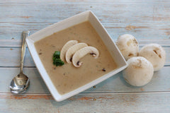 Mom's Place gluten-free cream of mushroom soup mix ready-to-serve on table.