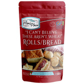 Packaging for Mom's Place gluten-free rolls and bread mix, ready for quick bake.