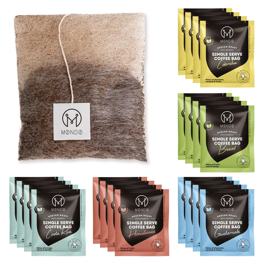 M MONDO single-serve coffee bags offering a 20-cup variety pack for easy mornings.