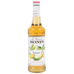 Monin Banana Syrup bottle boosts cocktails with tropical banana flavor.