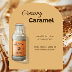 Monin Caramel Sauce beside a coffee cup for elevated home beverages.