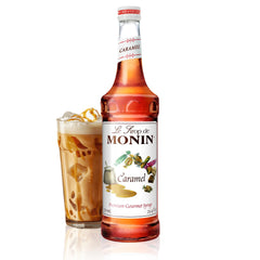 Monin Caramel Syrup bottle for rich caramel flavor in coffee and desserts.