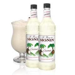 Monin Coconut Syrup bottle adds creamy coconut flavor to tropical drinks