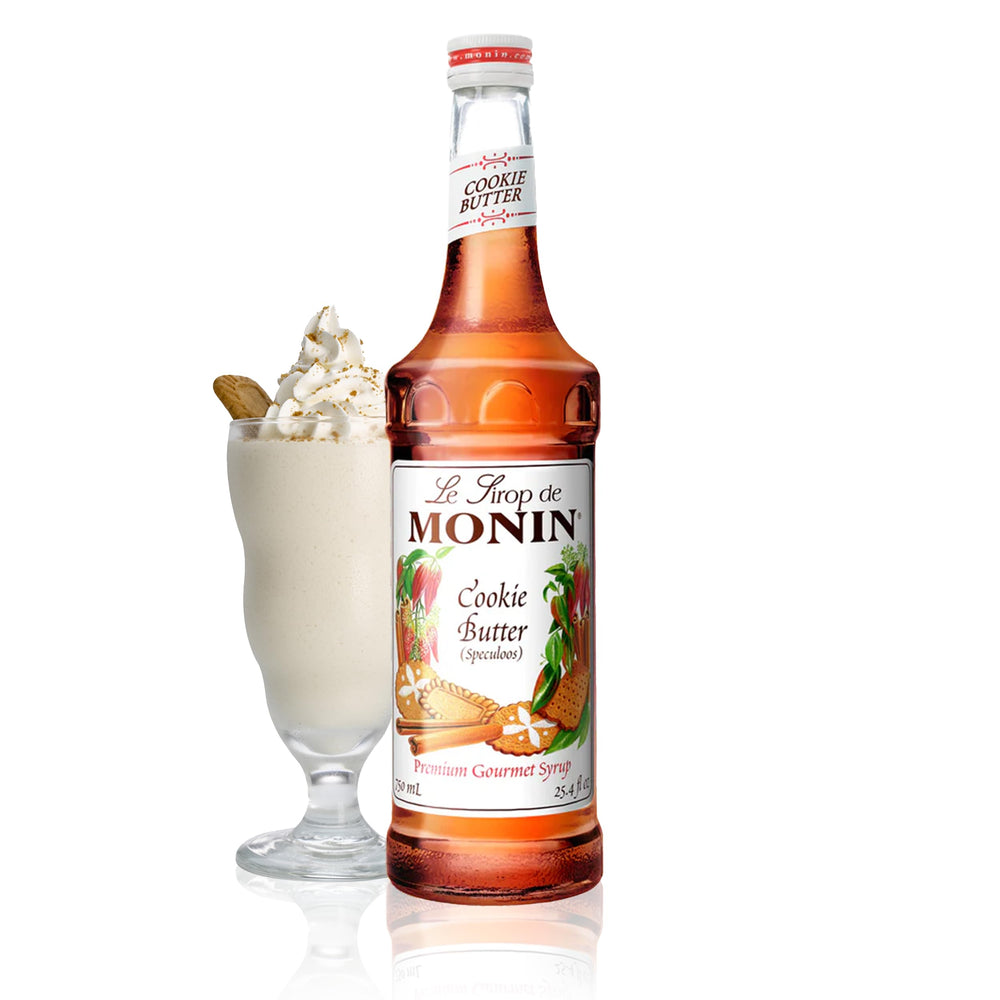 Monin Cookie Butter Syrup bottle showing rich cookie flavor for coffees and desserts