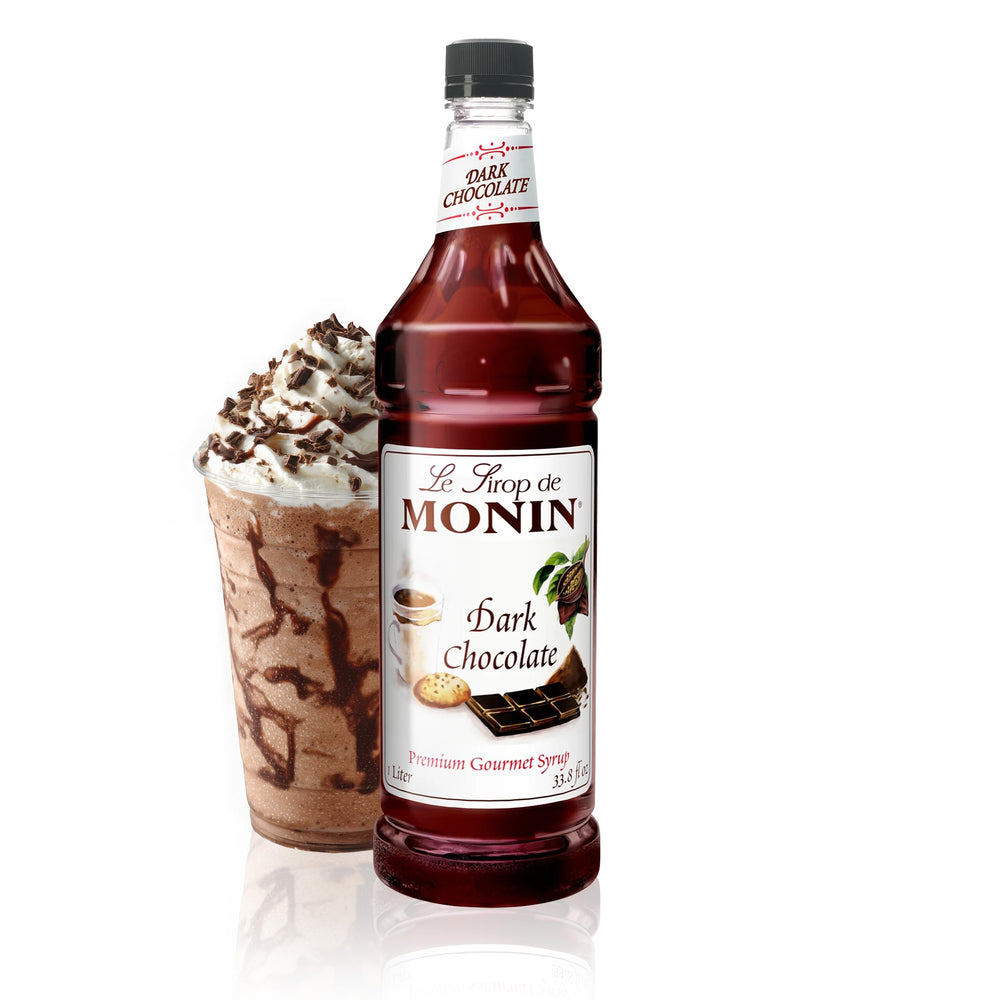 Monin Dark Chocolate Syrup bottle close-up for rich, versatile drink flavor.