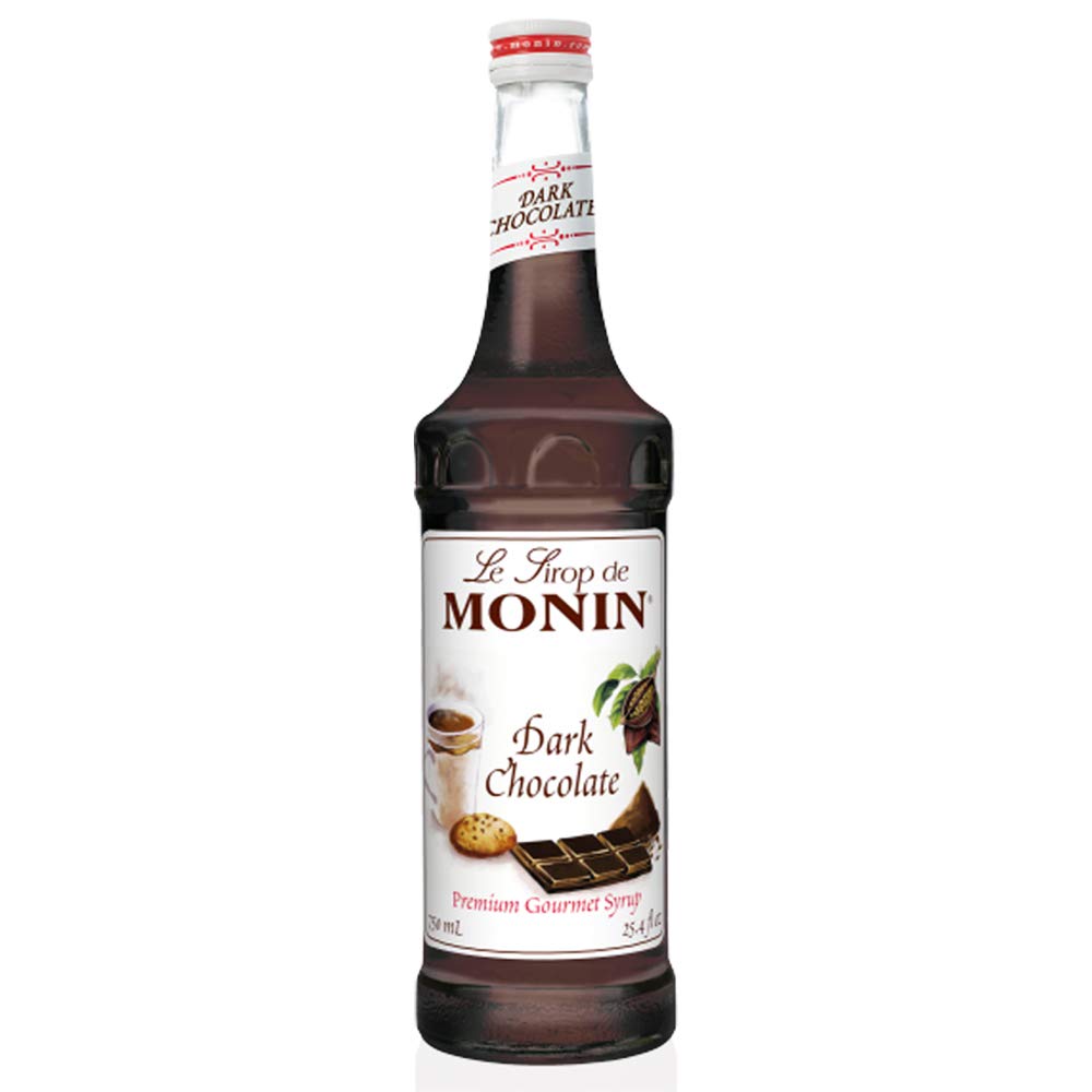 Monin dark chocolate syrup bottle, velvety flavor ideal for coffee and desserts