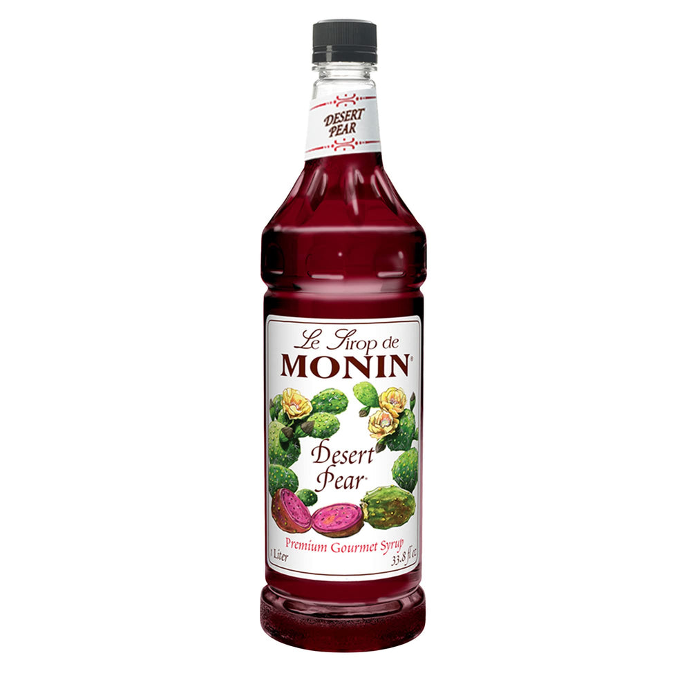 Monin Desert Pear Syrup bottle with bright color for drinks