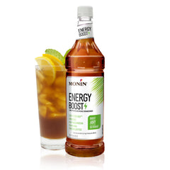 Monin Energy Boost bottle shows subtle tea notes for a clean energy lift