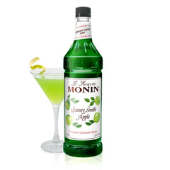 Monin Granny Smith Apple Syrup bottle ready to mix bright cocktails